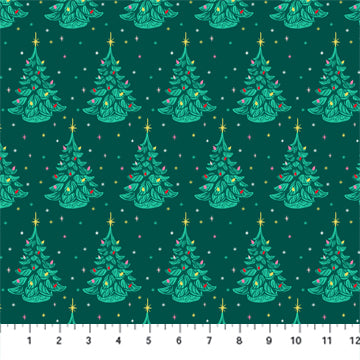 Merry Kitschmas Christmas Trees in Pine by Louise Pretzel for Figo Fabrics