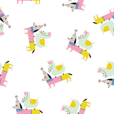 Step Right Up Clown Dogs Yellow/Pnk Cotton Fabric from Paintbrush Studios
