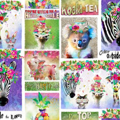 Party Animals White Animal Phrases by Connie Haley for 3 Wishes quilting fabric