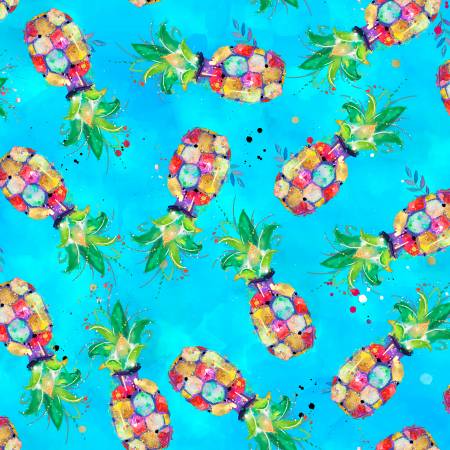 Party Animals Turquoise Pineapples Connie Haley 3 Wishes Quilting Fabric