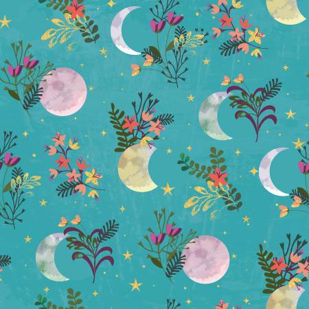 Moonlight Turquoise Floral Moon/Metallic by Jennifer Ellory for 3 Wishes
