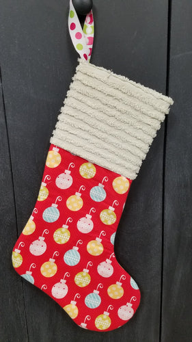 Handmade Red Ornaments Christmas Stocking with Vintage Chenille Cuff from 15 Pieces of Flair