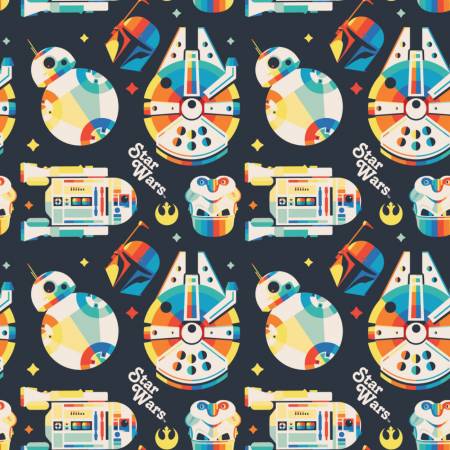 Retro Rainbow Star Wars Icons cotton fabric from Camelot