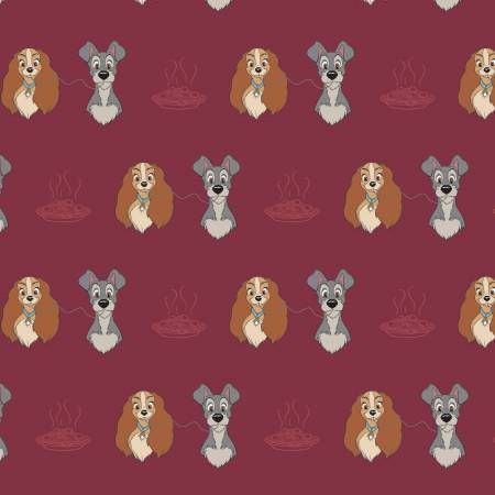  Burgundy Disney Lady & the Tramp Spaghetti  Cotton Fabric