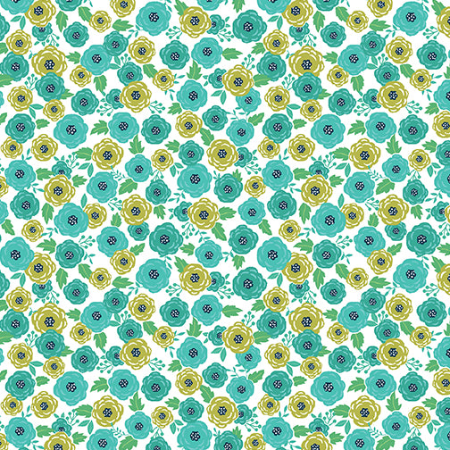 Sew Bloom Rosy Posey Teal/White by Cherry Guidry for Benartex
