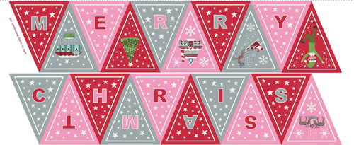 Christmas Glow Pink/Red Bunting Panel by Lewis & Irene