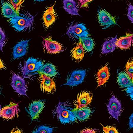 Glow Black Peacock Feathers by Chong-A Hwang for Timeless Treasures