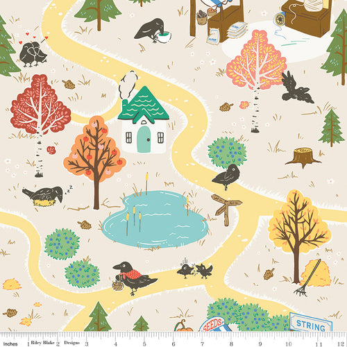 calico crow main cream with crows roads house fall trees autumn riley blake designs 100% cotton quilting fabric